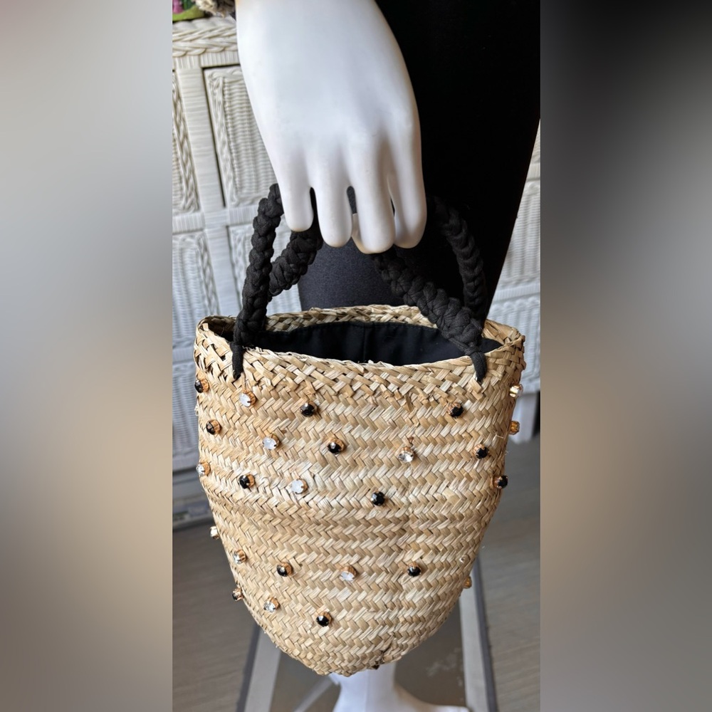 Jeweled Straw Bucket Convertible CrossBody Clutch Rhinestones & Drawstring 9”x8”